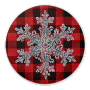 Bouton De Porte En Céramique Rustique rouge et noir plaid avec flocon