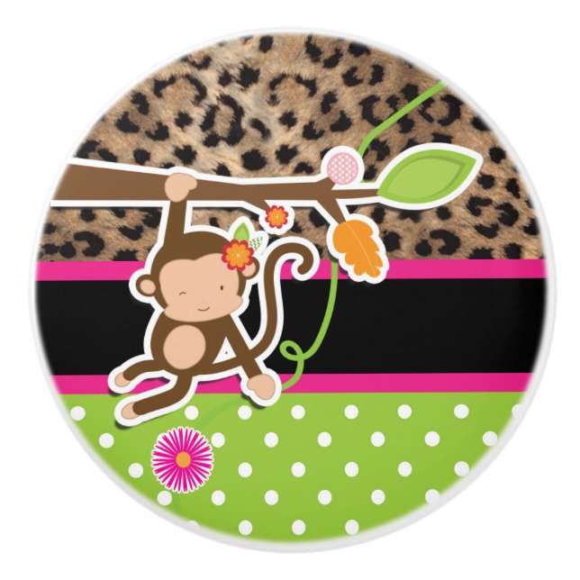 Bouton De Porte En Céramique Safari Chic Singe Leopard Cheetah rose et vert (Devant)