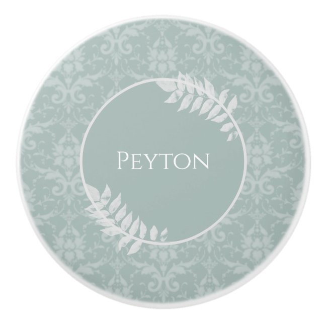 Bouton De Porte En Céramique Sage Green Elegant Damask Personnalisé (Devant)