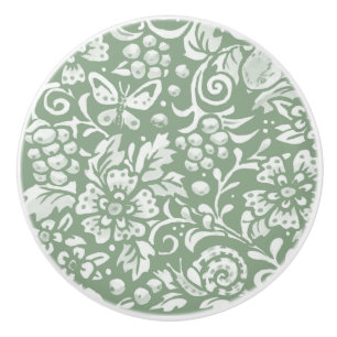 Bouton De Porte En Céramique Sage Vert Blanc Jardin Animaux Motif Floral  