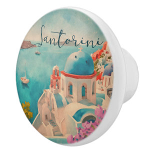 Bouton De Porte En Céramique Santorin Grèce Ile Aquarelle Voyage Souvenir