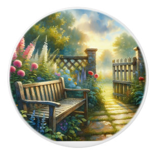 Bouton De Porte En Céramique Scène de porte de jardin ensoleillé