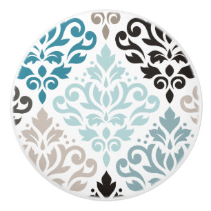 Bouton De Porte En Céramique Scroll Damask XLg Motif Art Teals Browns White