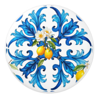 Bouton De Porte En Céramique sicilien, été, citron, mosaïque, bleu,