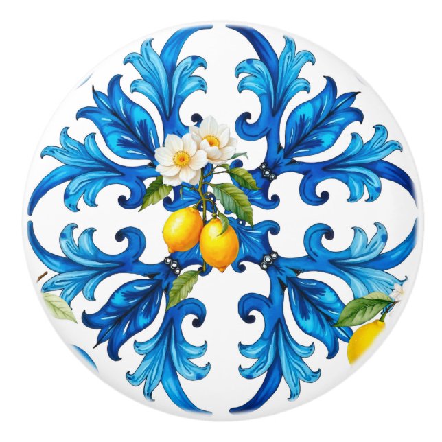 Bouton De Porte En Céramique sicilien, été, citron, mosaïque, bleu (Devant)