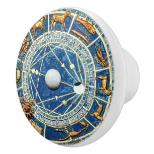 Bouton De Porte En Céramique Signes d'astrologie de roue bleu céleste et or Zod
