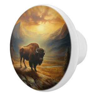 Bouton De Porte En Céramique Silhouette du coucher de soleil de bison de buffle