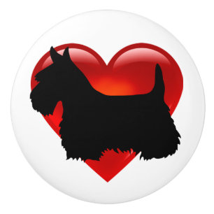 Bouton De Porte En Céramique Silhouette noire de Terrier écossais avec arc rou