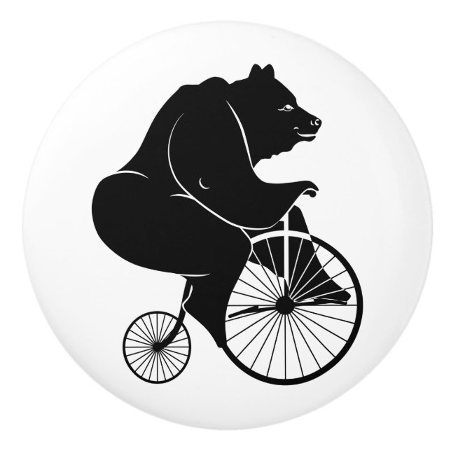 Bouton De Porte En Céramique Silhouette noire d'ours montant un vélo (Devant)