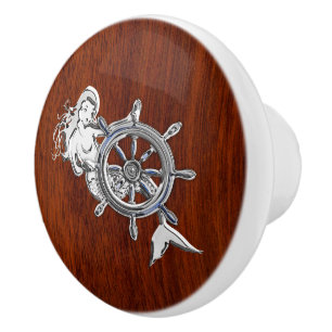 Bouton De Porte En Céramique Sirène Chrome sur le grain d'acajou marine Imprime