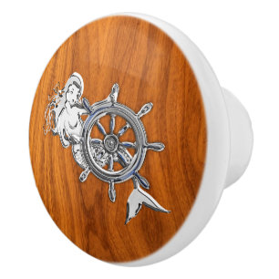 Bouton De Porte En Céramique Sirène de chrome sur le bois de teck nautique Impr