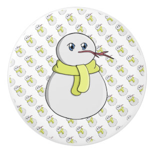 Bouton De Porte En Céramique Snowman portant une écharpe jaune
