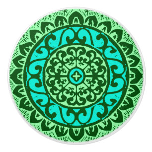 Bouton De Porte En Céramique Soleil Sud-Ouest Mandala Batik, Vert citron