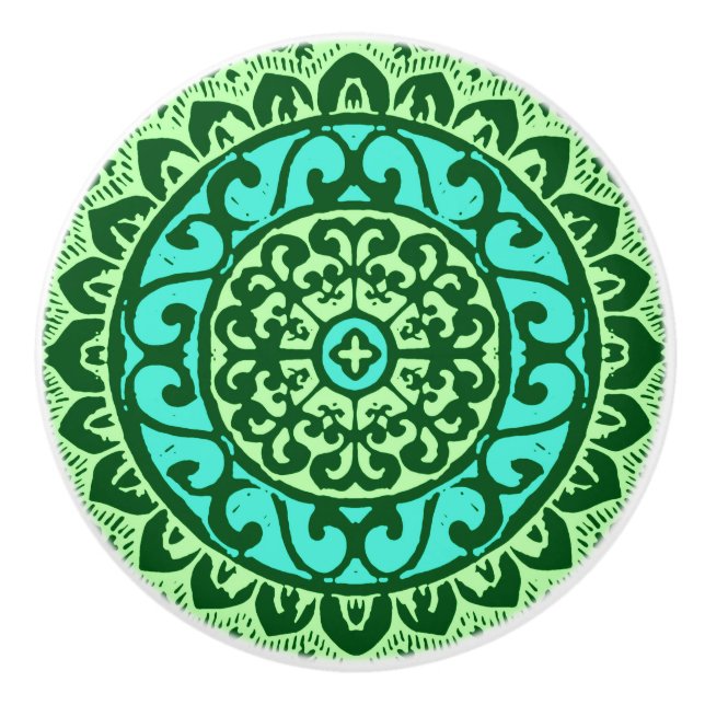 Bouton De Porte En Céramique Soleil Sud-Ouest Mandala Batik, Vert citron (Devant)