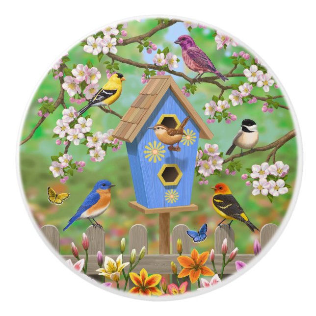 Bouton De Porte En Céramique Songbirds Lily Garden Birdhouse (Devant)