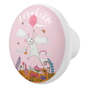 Bouton De Porte En Céramique Souris blanche de style vintage avec ballon pour b