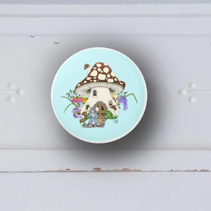 Bouton De Porte En Céramique Souris Fantaisiste Maison Champignon Floral Bleu