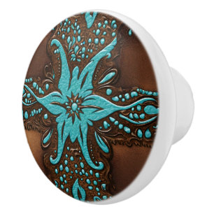 Bouton De Porte En Céramique Southern Cowboy Brown Turquoise Western Country