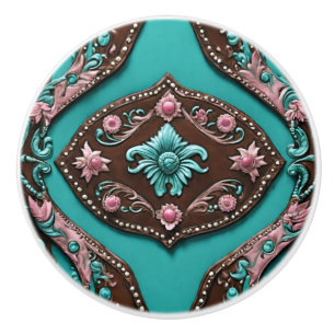 Bouton De Porte En Céramique Southern Cowgirl Turquoise Rose Pays Occidental