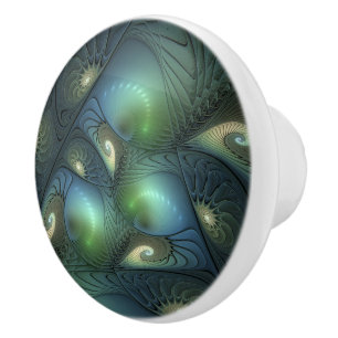 Bouton De Porte En Céramique Spirales Turquoise Beige Vert Abstrait Fractal Art