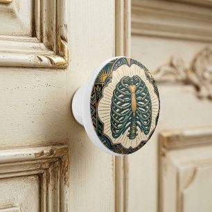 Bouton De Porte En Céramique Squelette de cage thoracique verte Art Déco anatom