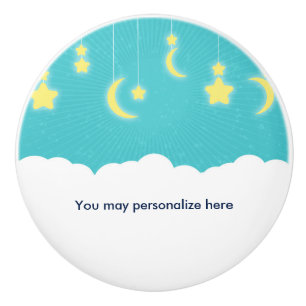 Bouton De Porte En Céramique Stars Lune & Nuages Turquoise & Jaune Nursery Room