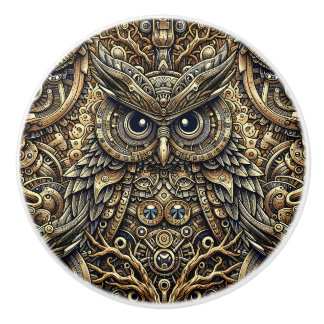 Bouton De Porte En Céramique Steampunk Metal and Diamond Gold Owl