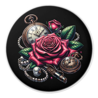 Bouton De Porte En Céramique Steampunk Rose, Metal Key and Pocket Watch