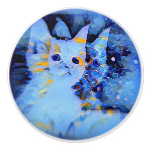 Bouton De Porte En Céramique Style impressionniste bleu Kitten Art pour Amoureu