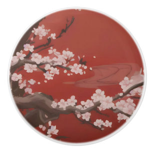 Bouton De Porte En Céramique Style japonais Arte cerise blanche Fleur rouge