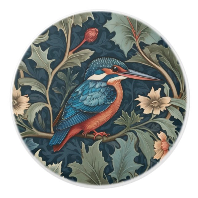 Bouton De Porte En Céramique Style William Morris Face droite Kingfisher Bird (Devant)