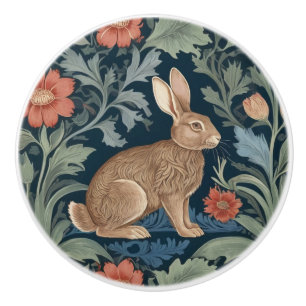 Bouton De Porte En Céramique Style William Morris Rabbit droit face floral