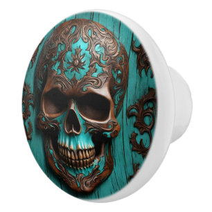 Bouton De Porte En Céramique Sud Turquoise Día De Muertos Crâne à sucre