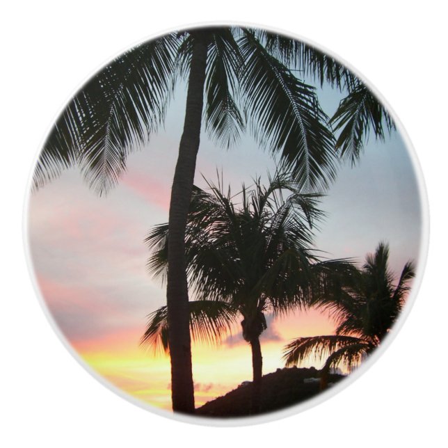 Bouton De Porte En Céramique Sunset Palms Tropical Paysage Photographie (Devant)