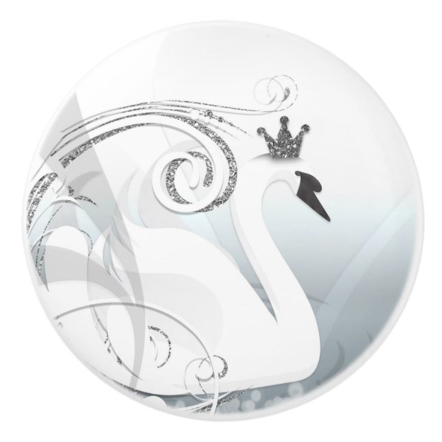 Bouton De Porte En Céramique Swan Princess Argent & Blanc Élégant Chic (Devant)