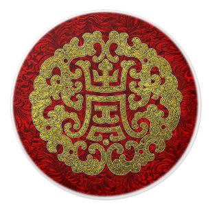 Bouton De Porte En Céramique Symbole chinois rouge d'or élégant