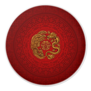 Bouton De Porte En Céramique Symbole du Bonheur avec Phoenix et Dragon