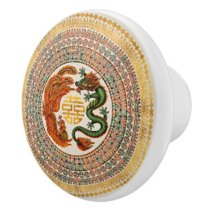 Bouton De Porte En Céramique Symbole du Bonheur Double avec Phoenix et Dragon