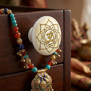 Bouton De Porte En Céramique Symbole Om doré sur Lotus Sacré