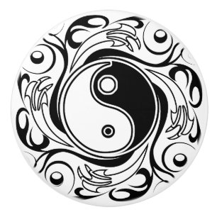 Bouton De Porte En Céramique Symbole Yin et Yang Style tatouage noir et blanc