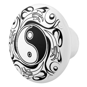 Bouton De Porte En Céramique Symbole Yin & Yang Tatouage Noir et Blanc