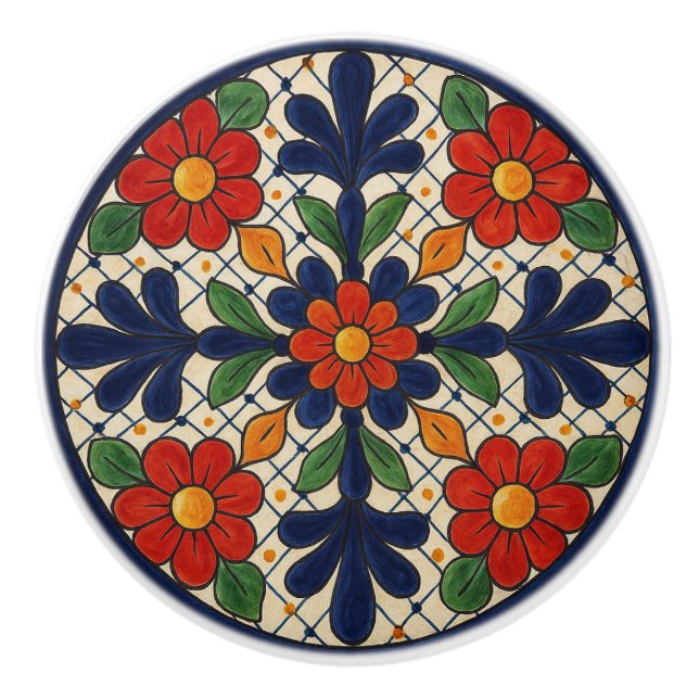 Bouton De Porte En Céramique Talavera mexicain traditionnel Fleur Ceramic Knob (Devant)