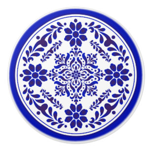 Bouton De Porte En Céramique Talavera trois bleu et blanc