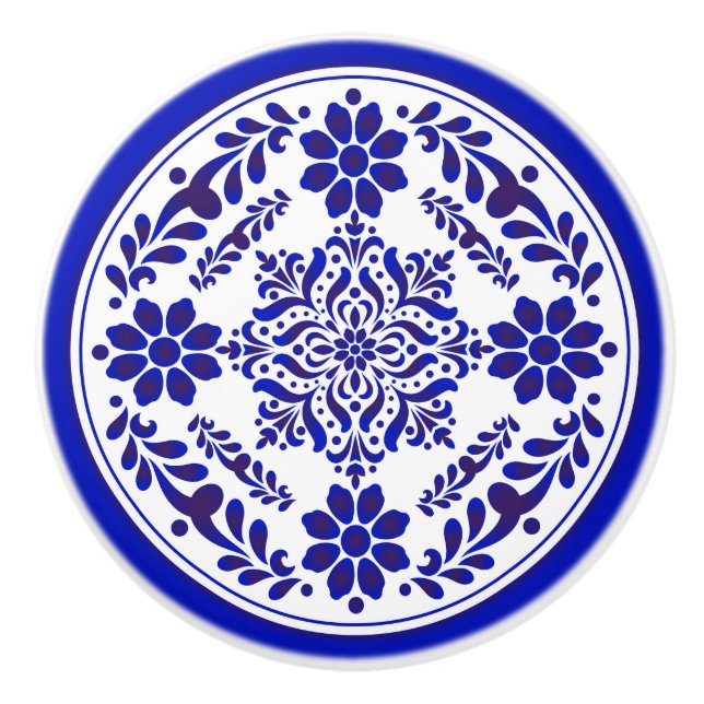 Bouton De Porte En Céramique Talavera trois bleu et blanc (Devant)