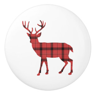 Bouton De Porte En Céramique Tartan rouge et noir en silhouette de cerf