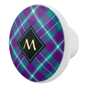 Bouton De Porte En Céramique Tartan vert de mer, violet et bleu