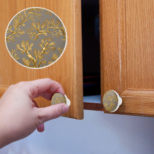 Bouton De Porte En Céramique Taupe aux algues d'or