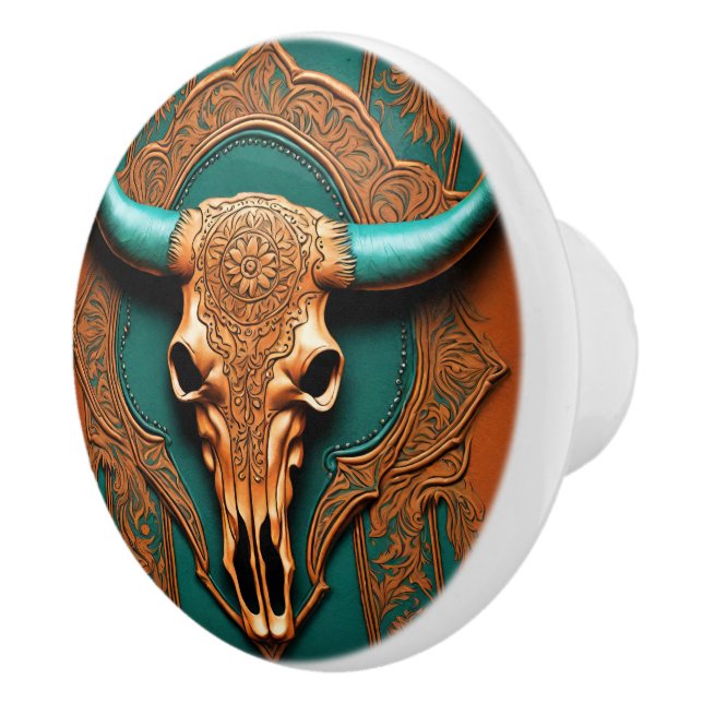 Bouton De Porte En Céramique Terracotta Turquoise Western Country Bull SKull (Droite)