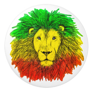 Bouton De Porte En Céramique Tête de lion rasta rouge jaune vert dessin Jamaïqu