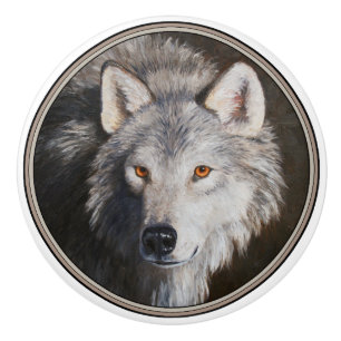 Bouton De Porte En Céramique Tête de loup de bois gris